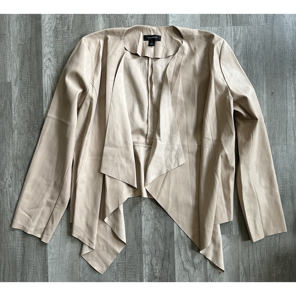 Halogen Womens Blush Beige Faux Leather Draped Open Front Waterfall Jacket 1X - Picture 2 of 12
